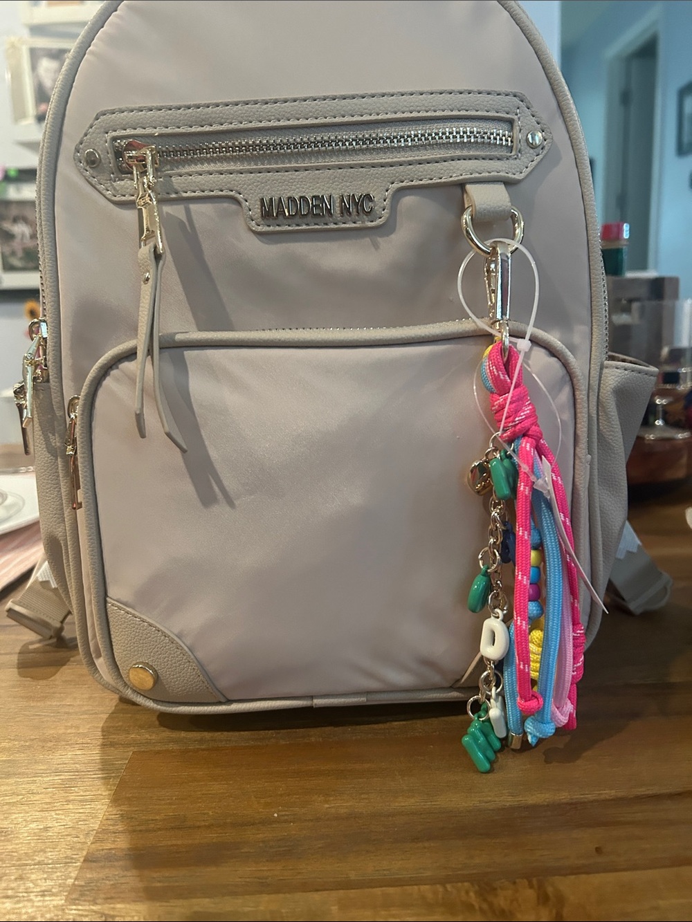 Viral Madden NYC Tan Mini Backpack with fun keychain NWT.